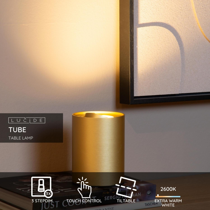 Lucide TUBE - Stolová lampa - Ø 9,6 cm - LED Rozm. - GU10 - 1x5W 2600K/2800K - 3 stupňovité - matné zlato / mosadz